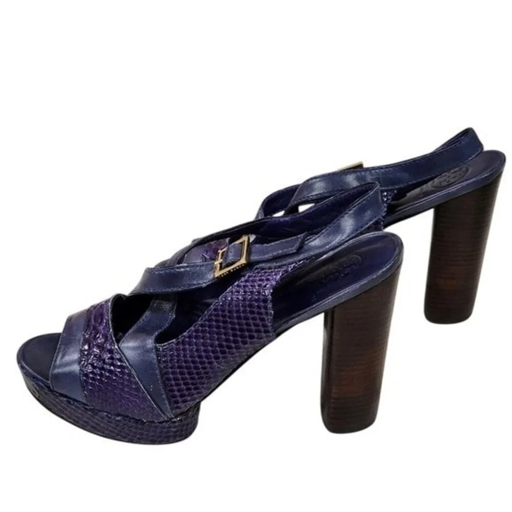 Tory Burch Purple‎ Snakeskin Leather Slingback Platform Block Heel Sandals